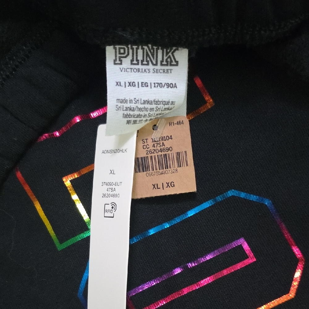 NWT VS PINK- Black Hoodie and Pants Set with Iriescent Rainbow Foil Logo L/XL - Picture 9 of 9
